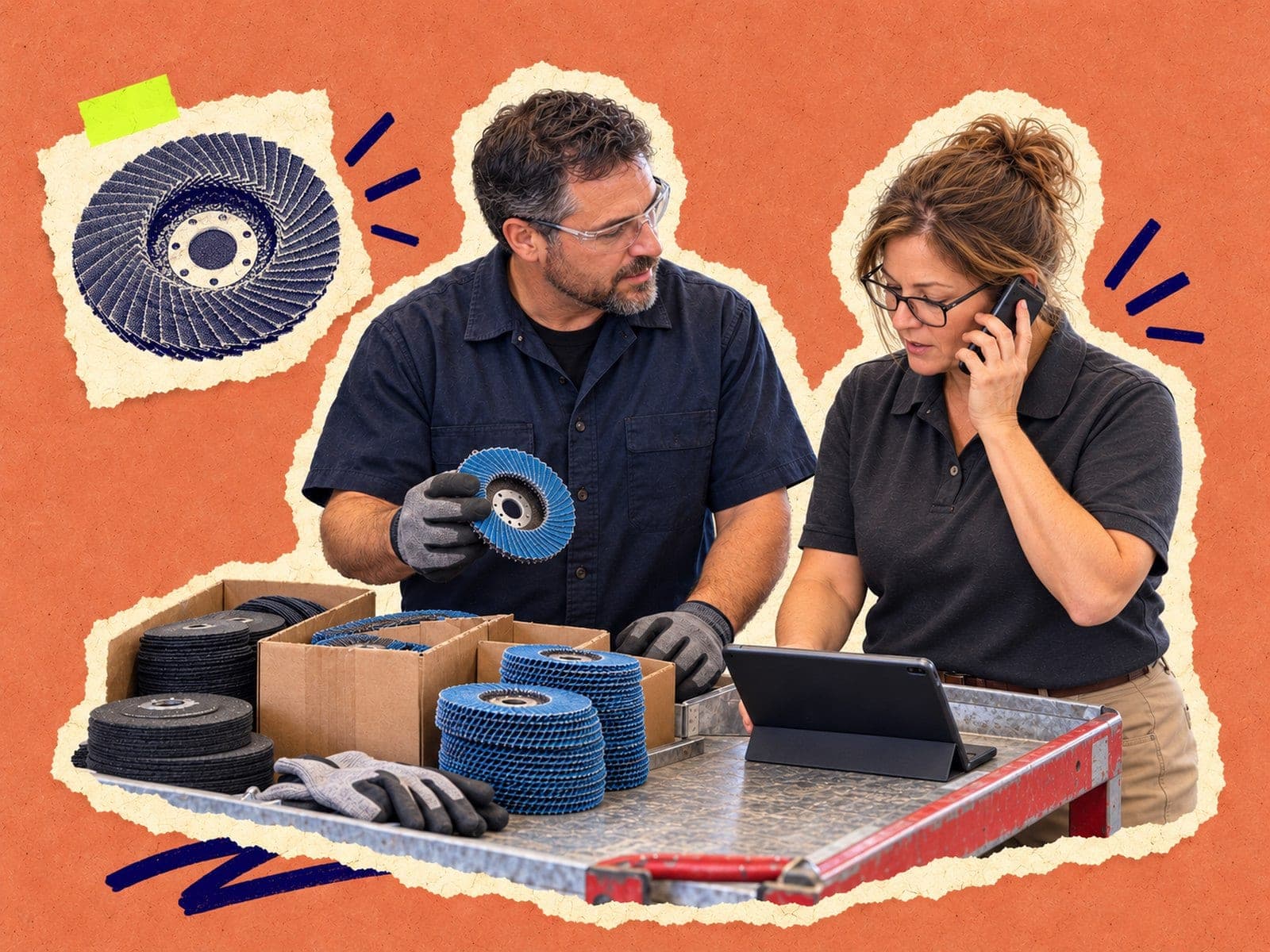Two Richards Supply team members check an order of abrasive wheels on a tablet