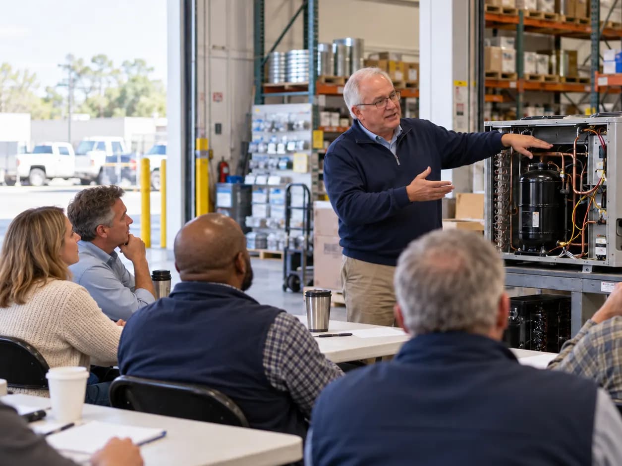 A small team seated at tables in a warehouse, listening as a coworker explains the inside of an outdoor HVAC unit.